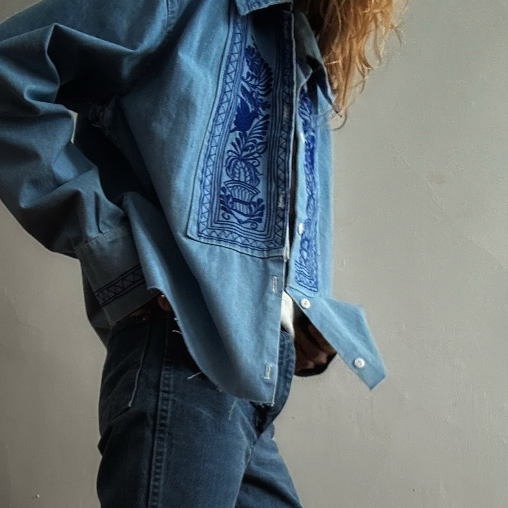 Denim Embroidered Button-Up Shirt